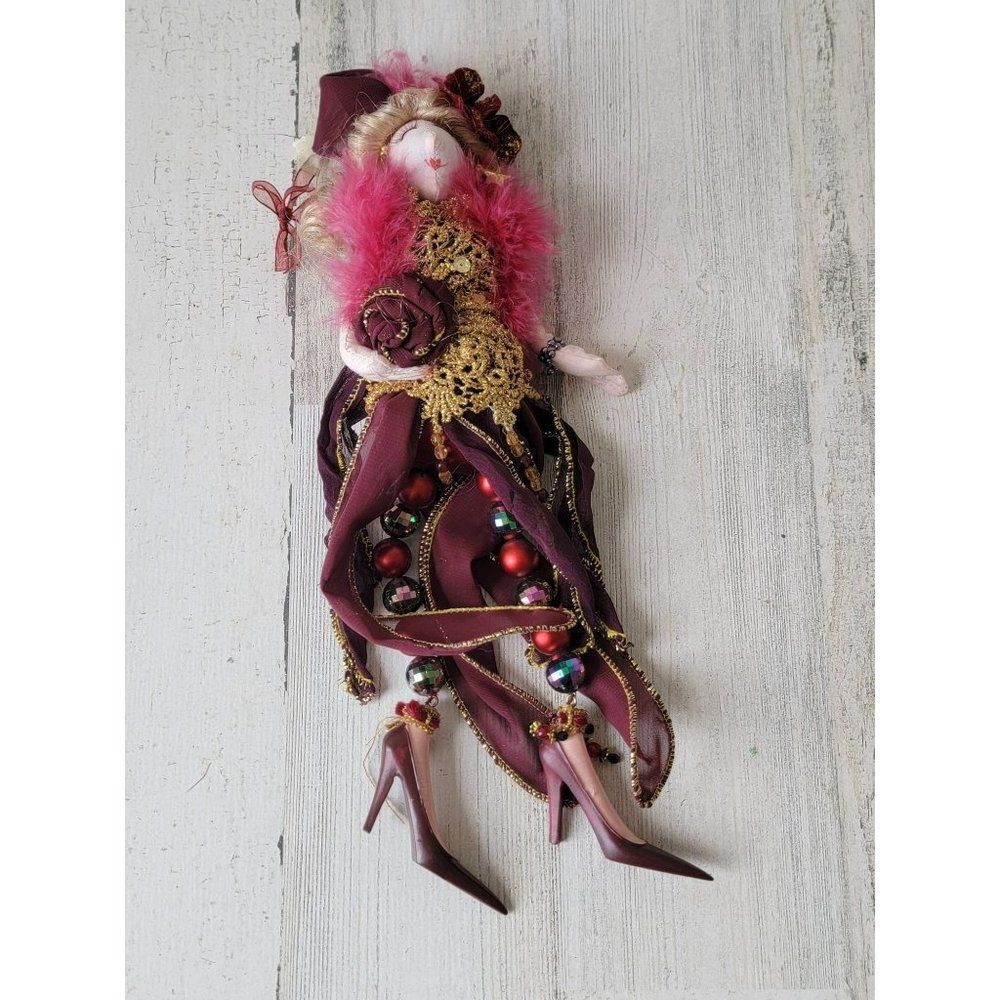 Plush red feathered‎ fancy dress woman feet dangle bead ornament Xmas decor